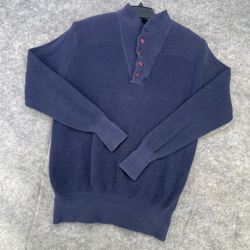 Vintage LL Bean Waffle Knit Sweater Men Large Blue Henley Cotton Freeport USA